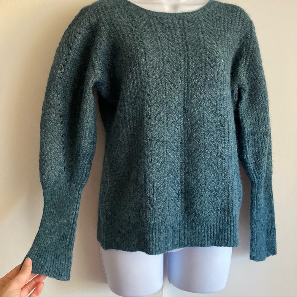 Souleiado Sea Blue Balloon Sleeve Baby Alpaca Blend Pointelle Knit Sweater Sz M